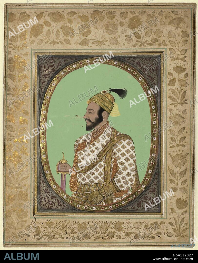 Portrait of Maratha prince Shivaji with a detailed Dutch caption on the decorated frame. Draughtsman: anonymous. Dating: c. 1680. Place: Golkonda. Measurements: h 238 mm × w 187 mm.