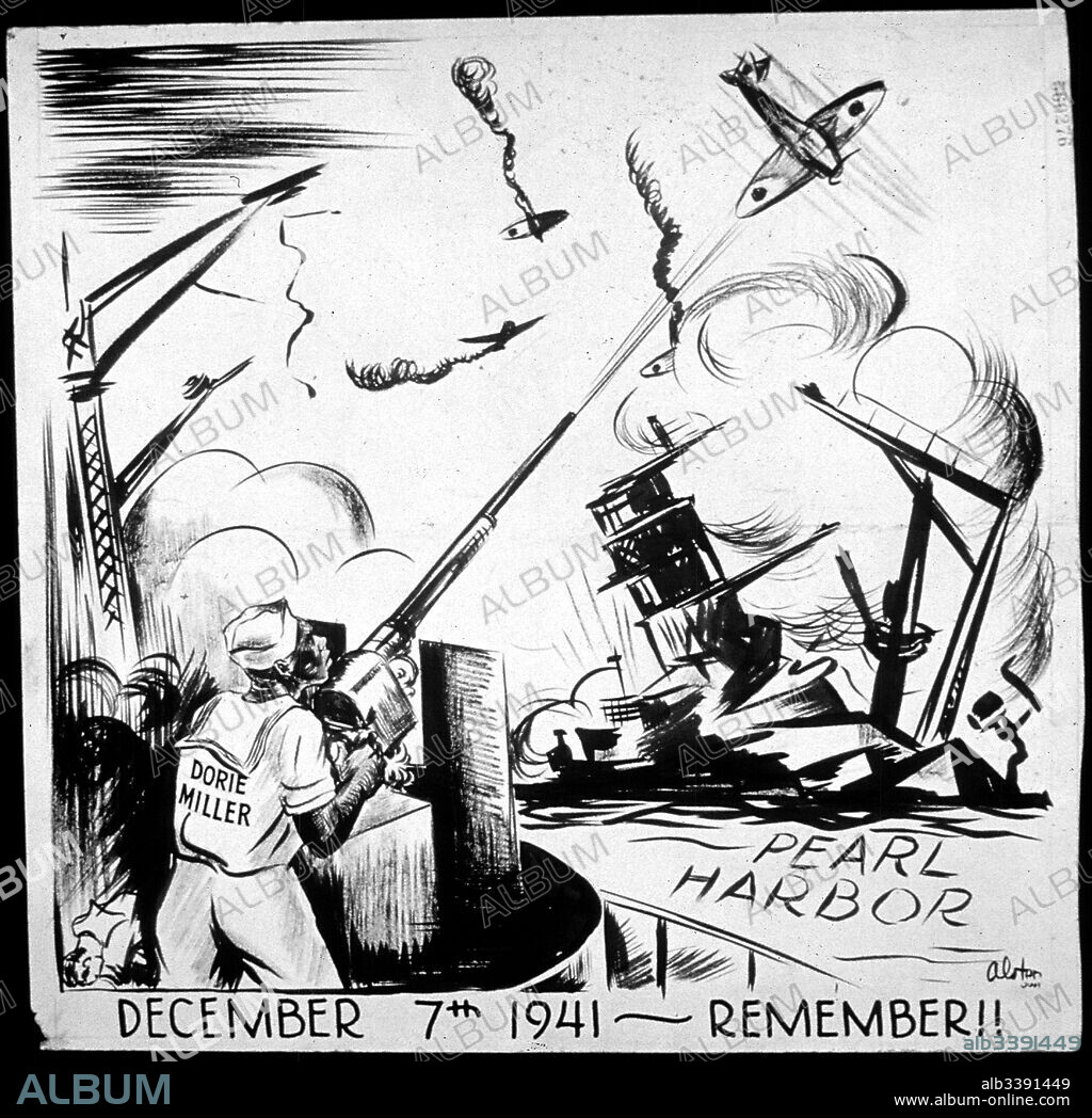 A political cartoon of the bombing of Pearl Harbor as American Navy soldiers are shooting at the opposing forces, December 7, 1941. Image courtesy National Archives.