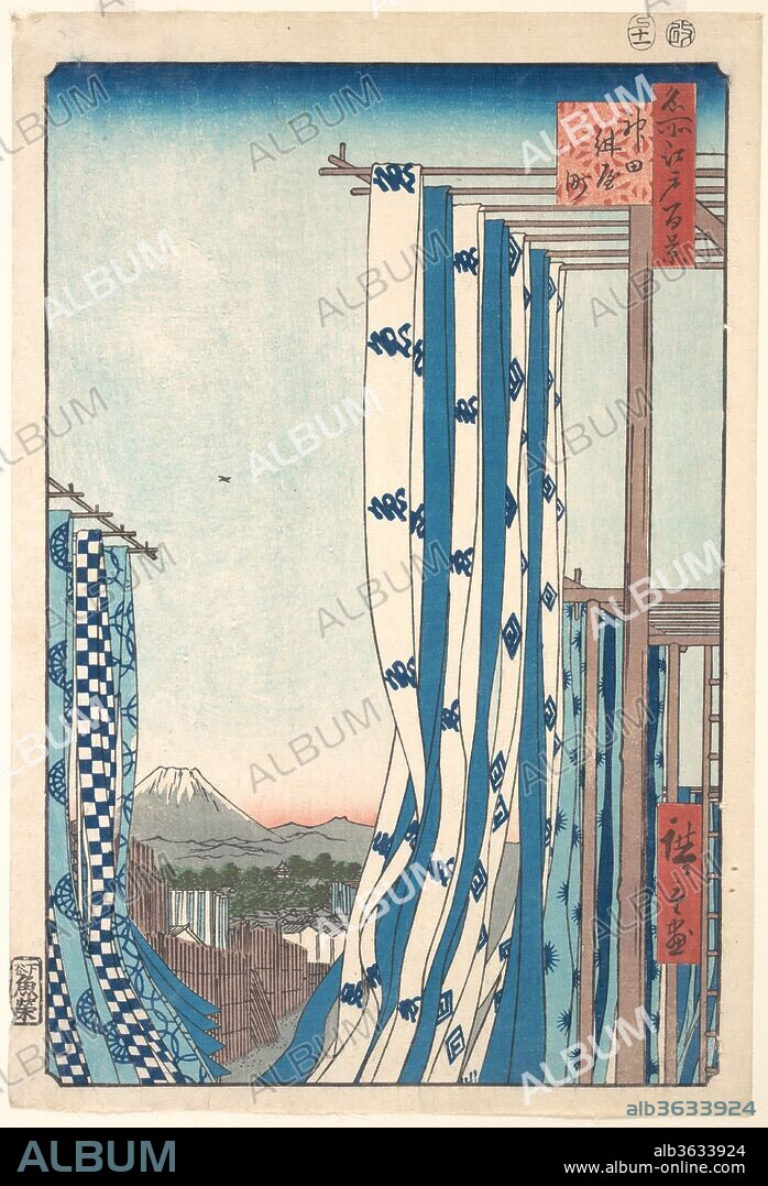 Dye House at Konya-cho, Kanda. Artist: Utagawa Hiroshige (Japanese, Tokyo (Edo) 1797-1858 Tokyo (Edo)). Culture: Japan. Dimensions: H. 13 in. (33 cm); W. 8 1/2 in. (21.6 cm). Date: 1857.
In Hiroshige's day, anybody who knew Edo could recognize the city's three most prominent landmarks: distant Mount Fuji, Chiyoda Castle, and Nihon Bridge. Thus, the inclusion of the castle nestled in the townscape and Mount Fuji on the horizon leaves no doubt that this is an Edo scene. But while these features were de rigueur in depictions of the capital, positioning the viewpoint amid the windblown textiles of a dyer's drying platform was Hiroshige's innovation. He views Edo from Konya-cho, a street in the tradesmen's section of town where all the professional cloth dyers were clustered.
The strips of cloth hanging in the wind are to be cut into tenugui (or towels), which men tie around their heads during the autumn festival. Thus, we know that autumn is depicted here and that the festival is near at hand.
Again, cropping is used to thrust the dynamic forms of the foreground subject matter virtually on top of the viewer. The juxtaposition of various sizes of textiles, hanging like banners, lends an animated sense of rhythm to the composition. A small bird flying by itself in the middle of the sky adds a piquant touch.