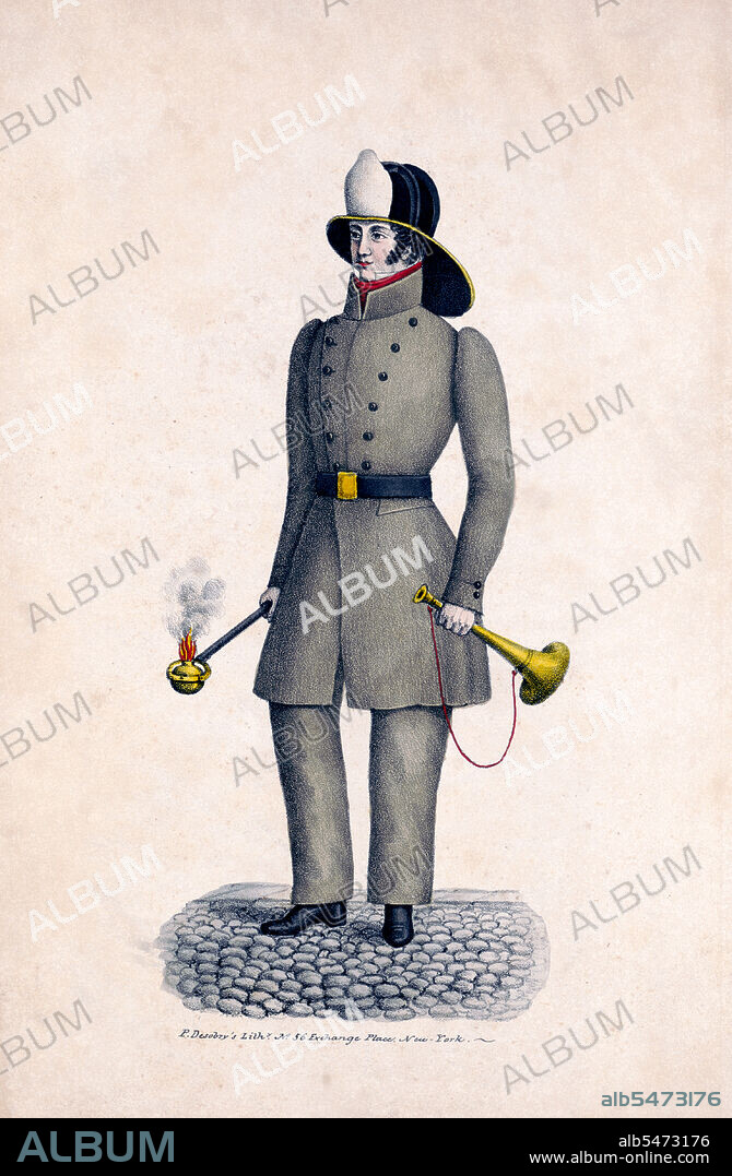 Fireman, full-length portrait, facing left, wearing uniform ca. 1824-1843.