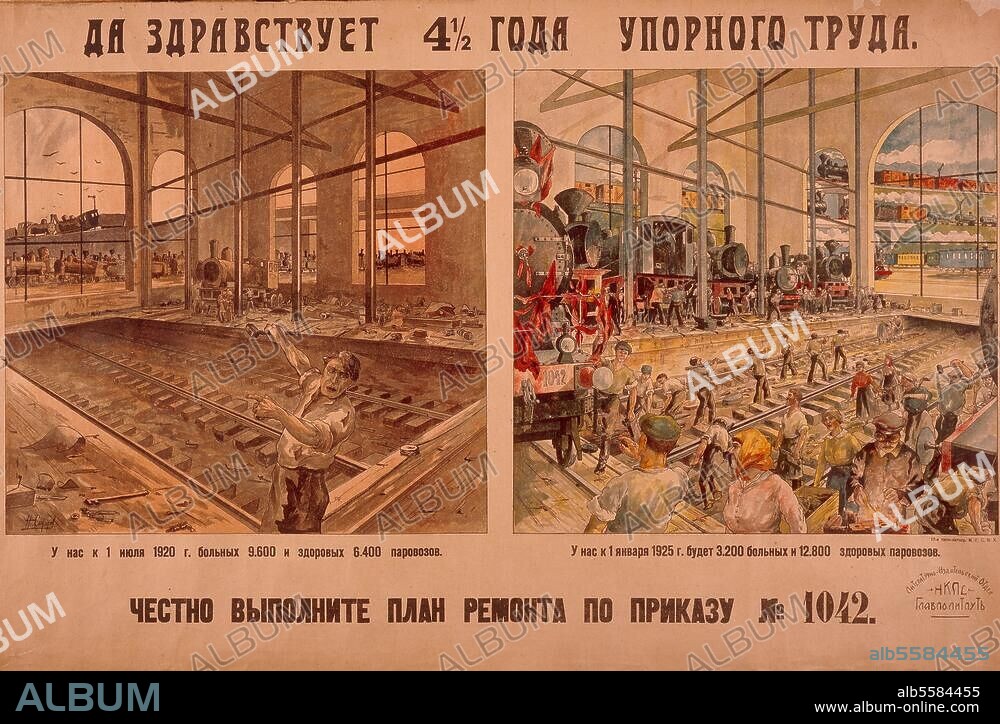 Soviet Union, 1925. Industrialization under Stalin. "Long live the 4 1/2 years of constant work" and the realization of the plan. Montage of engines. Propaganda poster 1925.