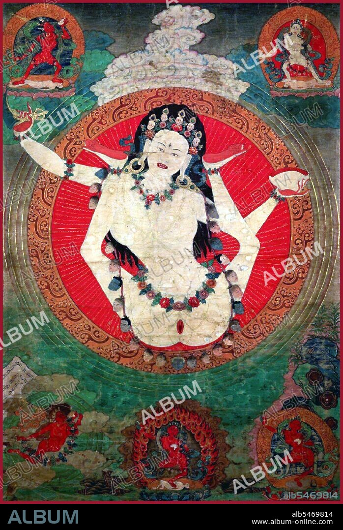 A dakini (Sanskrit: ?akini; Tibetan: khandroma) is a tantric deity described as a female embodiment of enlightened energy. In the Tibetan language, dakini is rendered khandroma which means 'she who traverses the sky' or 'she who moves in space'. Sometimes the term is translated poetically as 'sky dancer' or 'sky walker'. The dakini, in all her varied forms, is an important figure in Tibetan Buddhism. She is so central to the requirements for a practitioner to attain full enlightenment as a Buddha that she appears in a tantric formulation of the Buddhist Three Jewels refuge formula known as the Three Roots. Most commonly she appears as the protector, alongside a guru and yidam (enlightened being). Although dakini figures appear in Hinduism and in the Bön tradition, dakini are particularly prevalent in Vajrayana Buddhism and have been particularly conceived in Tibetan Buddhism where the dakini, generally of volatile or wrathful temperament, act somewhat as a muse for spiritual practice. Dakini are energetic beings in female form, evocative of the movement of energy in space. In this context, the sky or space indicates shunyata, the insubstantiality of all phenomena, which is, at the same time, the pure potentiality for all possible manifestations.