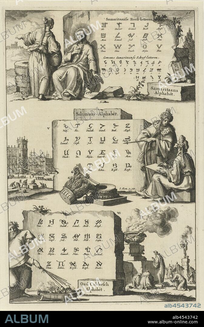 Samaritan, Solomon and Ancient Chaldean alphabet Samaritan Alphabêt, Solomon Alphabêt and Old Caldeesch Alphabêt (title on object), Print numbered upper left: 46, letters, alphabet, script, Jan Luyken, Amsterdam, 1690, paper, etching, h 286 mm × w 186 mm.