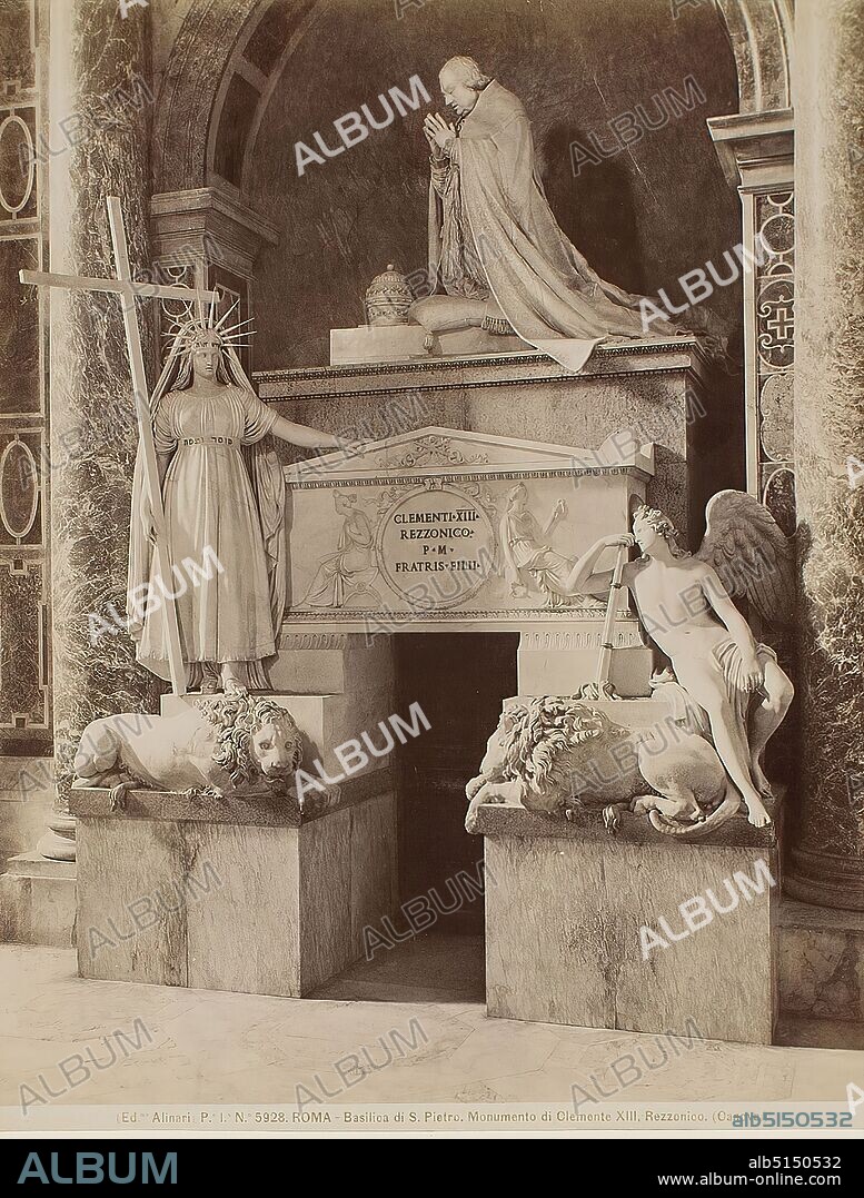 Antonio Canova: Tomb of Pope Clement XIII, St. Peter's Basilica, Rome, albumin paper, black and white positive process, image size: height: 25.10 cm; width: 19.60 cm, ROMA - Basilica di S. Pietro. Monumento di Clemente XIII, Rezzonico. (Canova), architectural photography, travel photography, funeral monument, sculpture, sculpture, sculpture art, church decoration, Rome.