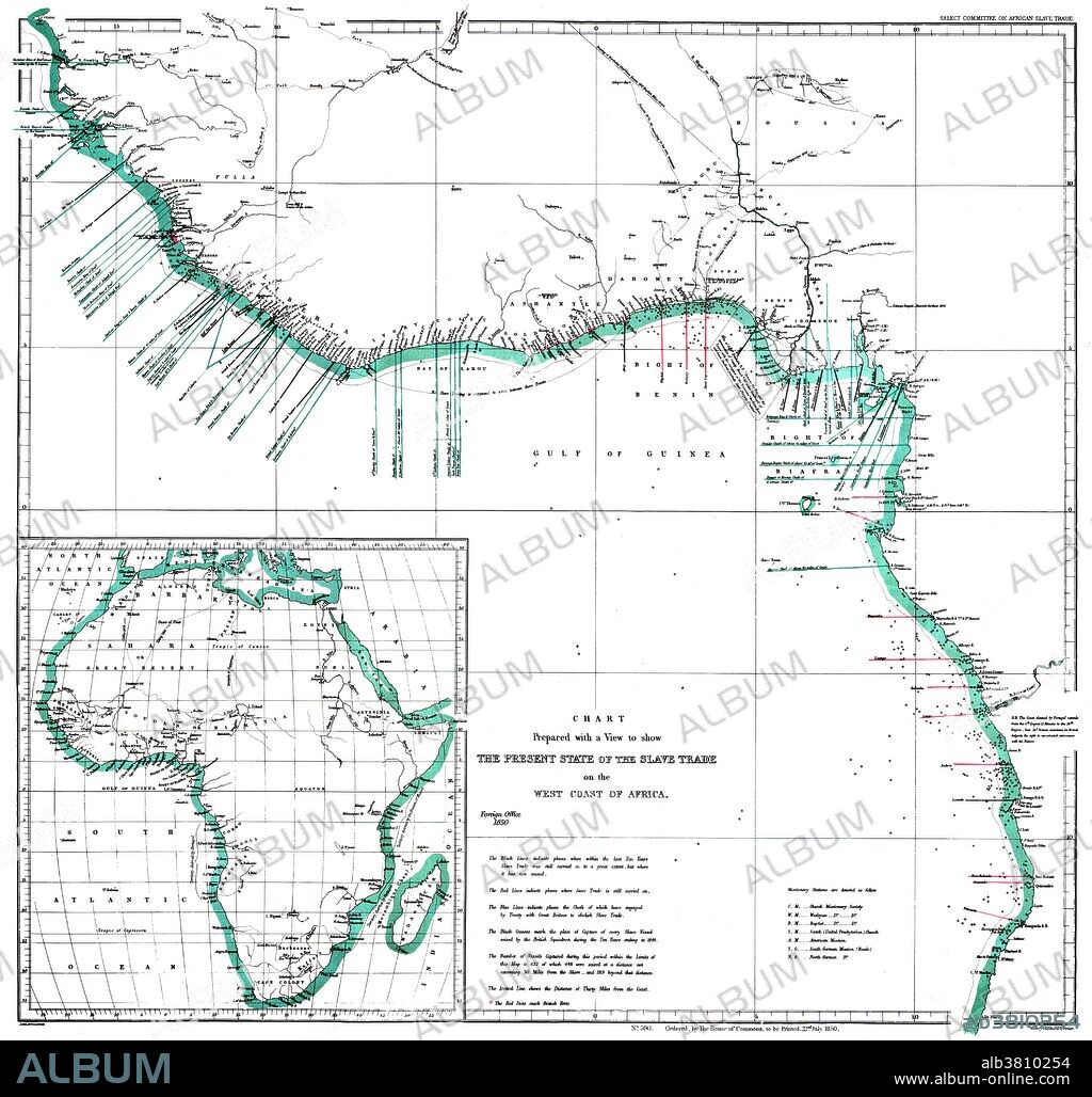 "The Present State of the Slave Trade on the West Coast of Africa," 1850. A map of the west coast of Africa showing areas of slave trade during the early 19th century. The map denotes areas of missionary work and capture of slave ships by British vessels. Inset of African continent. Created by John Arrowsmith of the Select Committee on African Slave Trade.