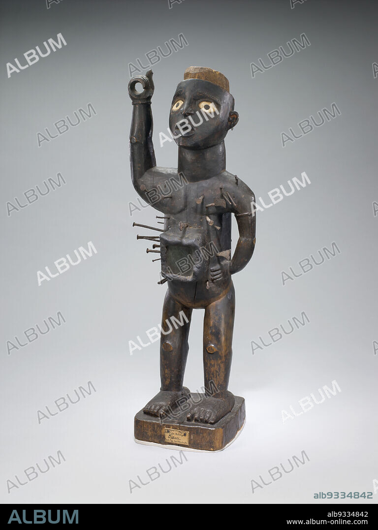 Power Figure (nkisi nkondi), Unidentified Kongo artist, before 1908, Wood, iron, porcelain, glass, resin, Central Africa, Republic of the Congo, Africa, Central Africa, Democratic Republic of Congo, Africa, Cabinda province, Central Africa, Angola, Africa, Sculpture, wood, height: 25 1/4 in. (64.1 cm).