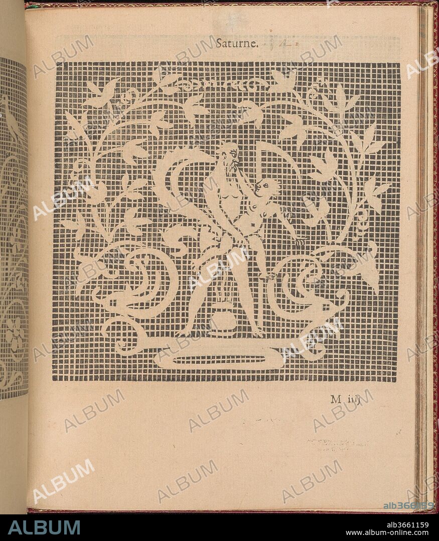 Les Singuliers et Nouveaux Portraicts... page 48 (recto). Binder: Chambolle-Duru (French, 19th century). Designer: Federico de Vinciolo (Italian, active Paris, ca. 1587-99). Dimensions: Overall: 8 1/16 x 6 5/16 in. (20.5 x 16 cm). Publisher: Jean Le Clerc , Paris. Sitter: Frontispiece portrait of Henri III, King of France and Poland (1551-1589); Portrait of Louise de Lorraine-Vaudemont (French, Nomény 1553-1601 Moulins) , Queen of France. Date: 1588.
Designed by Federic de Vinciolo, published by Jean Le Clerc, Paris, bound by Chambolle-Duru, French, 19th century.
From top to bottom, and left to right:
Design is printed upon a grid and illustrates the personification of Saturn cutting off Cupid's wings with a scythe. Surrounding the 2 figures is foliage.