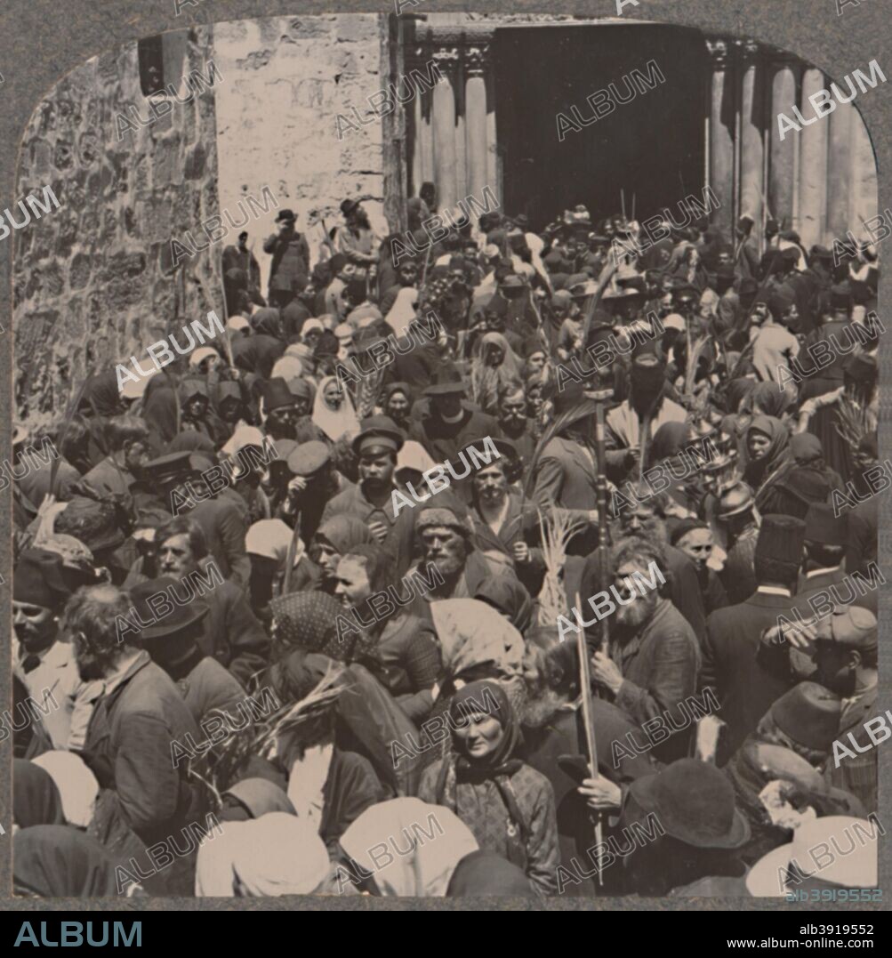 'Palm Procession leaving the Church of the Holy Sepulchure', c1900. From Journey in All Lands - Palestine. [Realistic Travels, London, Cape Town, Bombay, Melbourne, Toronto, c1900].