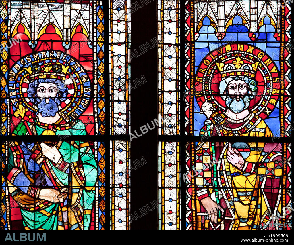 France, Alsace, Strasbourg, Strasbourg Cathedral, Stained Glass Window, Charles and Charlemagne . A stained glass window, depicting from left to right: Charles Martel and Charlemagne, Emperors from the Holy Roman Empire.