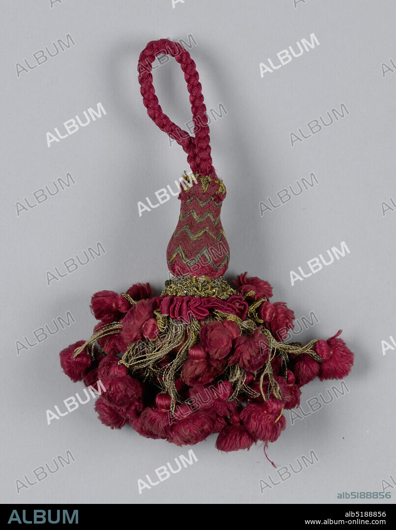 Tassel, Medium: silk and metallic thread (gold foil on silk core) on a wood  core, Tassel head of wood covered with red silk and gilt thread in chevron  design. Collars of m 