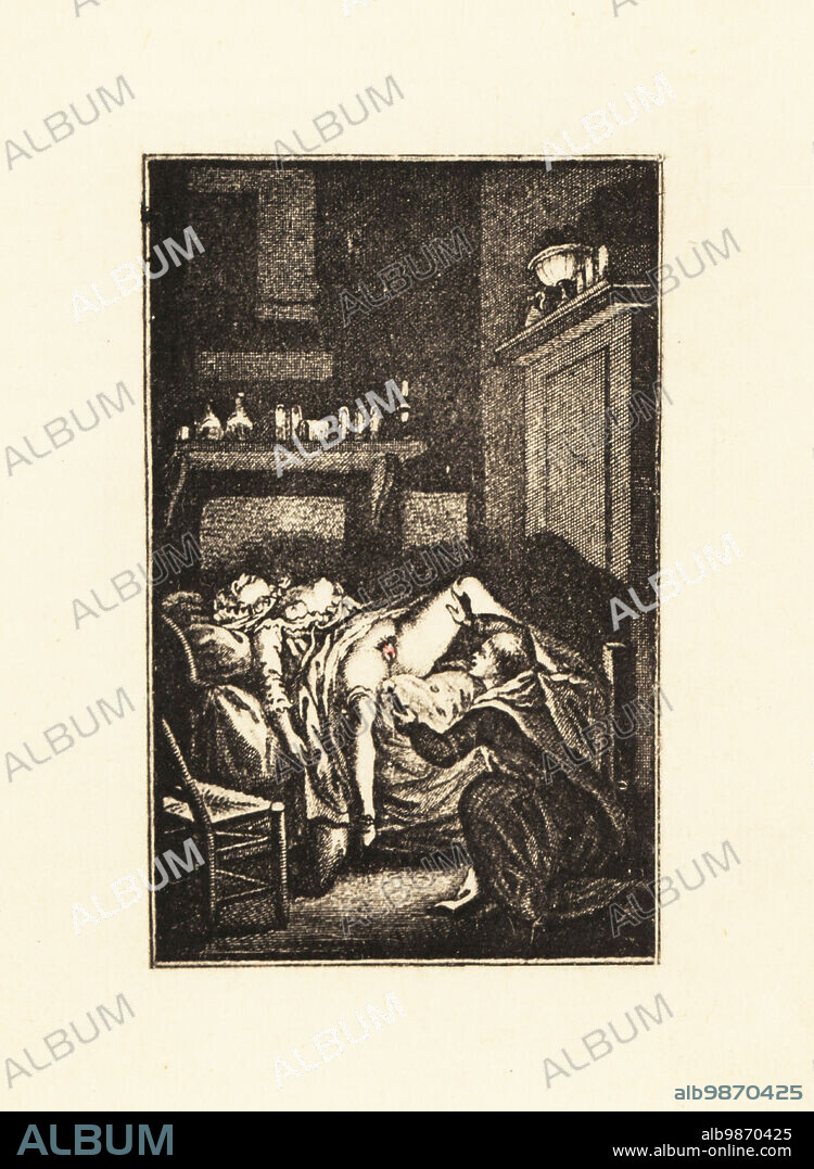 A monk with a candle examining a sleeping woman, 18th century. The woman  wears bodice and petticoats with her breasts and sex exposed on the bed.  Copperplate engraving hel - Album alb9870425