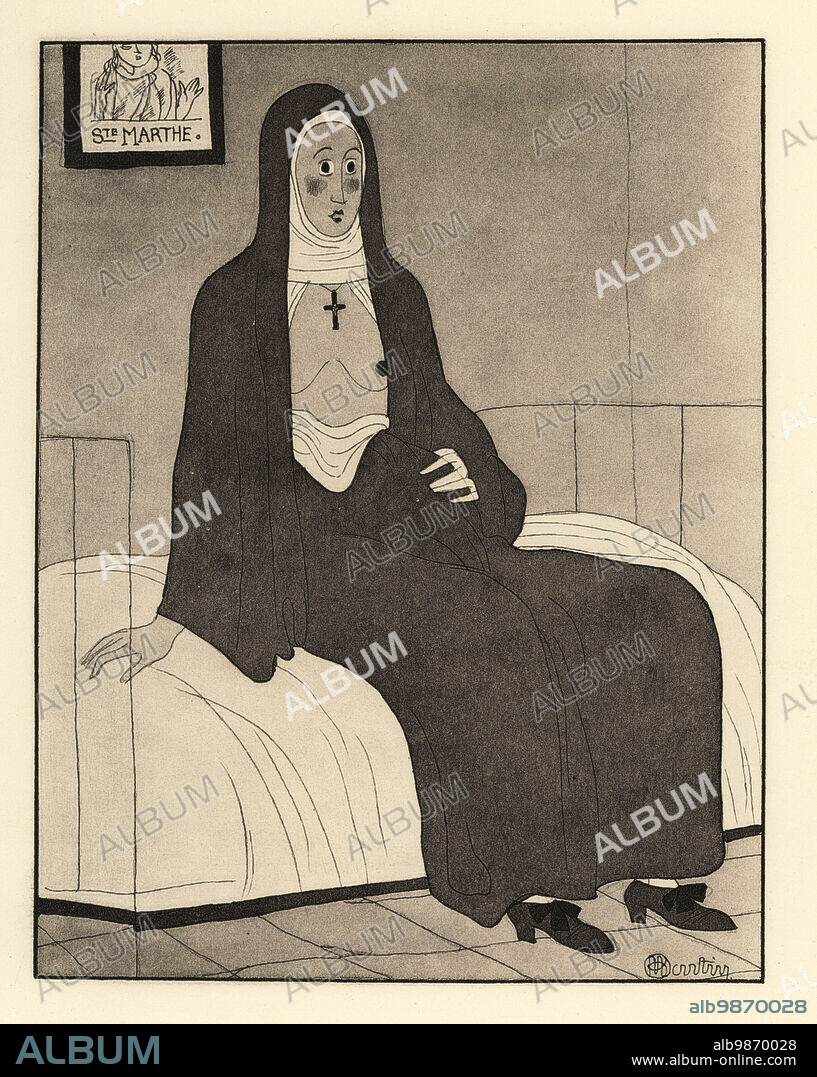 Pregnant nun Sister Jean sitting in her convent cell, her habit open to  reveal her breasts. A picture of Saint Martha on the wall. Soeur Jeanne.  Lithograph after an illust - Album