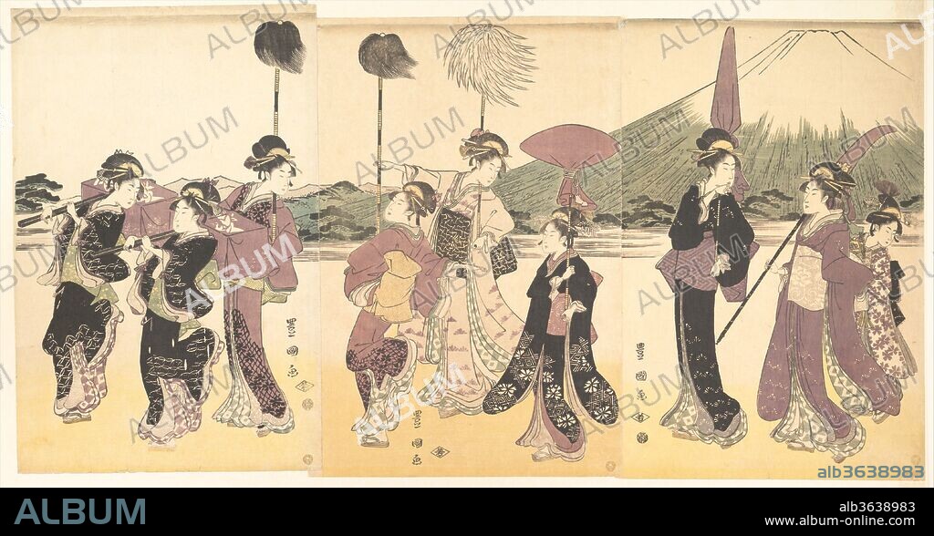 Women Parading in an Imitation of the Cortege of a Daimyo. Artist: Utagawa Toyokuni I (Japanese, 1769-1825). Culture: Japan. Dimensions: 15 7/32 x 50 1/2 in. (38.7 x 128.3 cm). Date: ca. 1797.