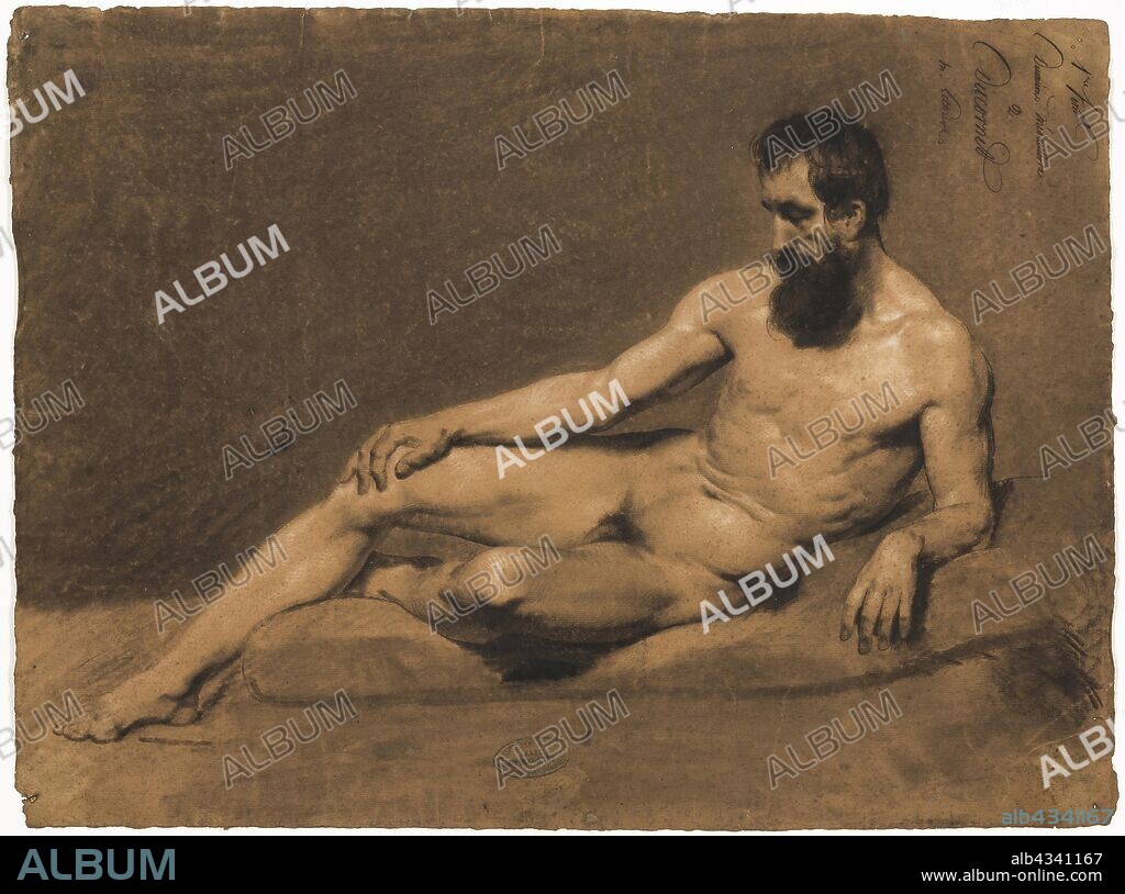 Reclining Male Nude, n.d., Louis-Joseph-César Ducornet, French, 1806-1856,  France, Charcoal drawing with white heightening, and pen and ink on tan  laid paper, 454 × 606 mm - Album alb4341167