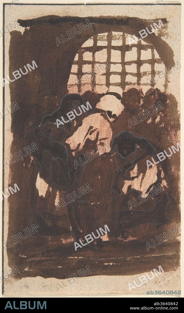 Figures inside a prison (recto), a monstrous animal (verso). Artist: Imitator of Goya (Francisco de Goya y Lucientes) (Spanish, Fuendetodos 1746-1828 Bordeaux). Dimensions: 5-15/16 x 3-5/8 in.  (15.1 x 9.2 cm). Date: ca. 1820-50.