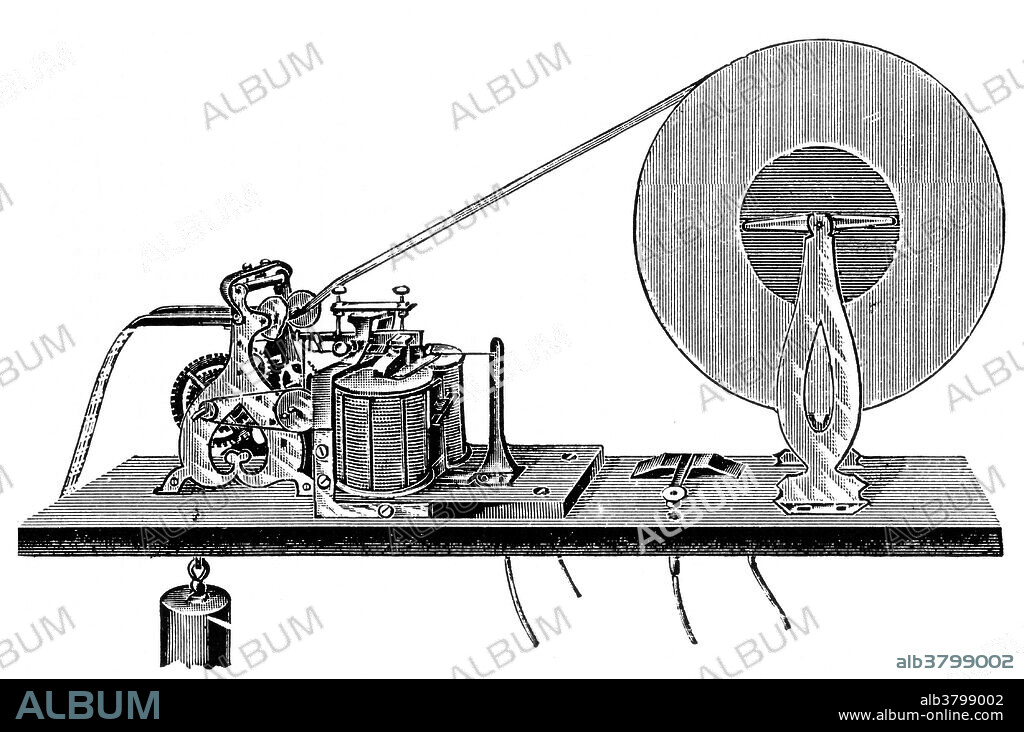 An electrical telegraph was independently developed and patented in the United States in 1837 by Samuel Morse. His assistant, Alfred Vail, developed the Morse code signaling alphabet with Morse. This device for printing telegraph messages was invented in the 1840s. When a message was to be received, the weight was released turning the mechanism and feeding a strip of paper from a reel. Electrical telegraph signals coming in from wires energized electromagnets, which pulled down the iron or steel plate above them. By means of a pivoted lever, this raised the print head which placed indentations in the paper strip which could be read. Morse devised a code which represented each alphabetical letter by a series of short dots and long dashes.