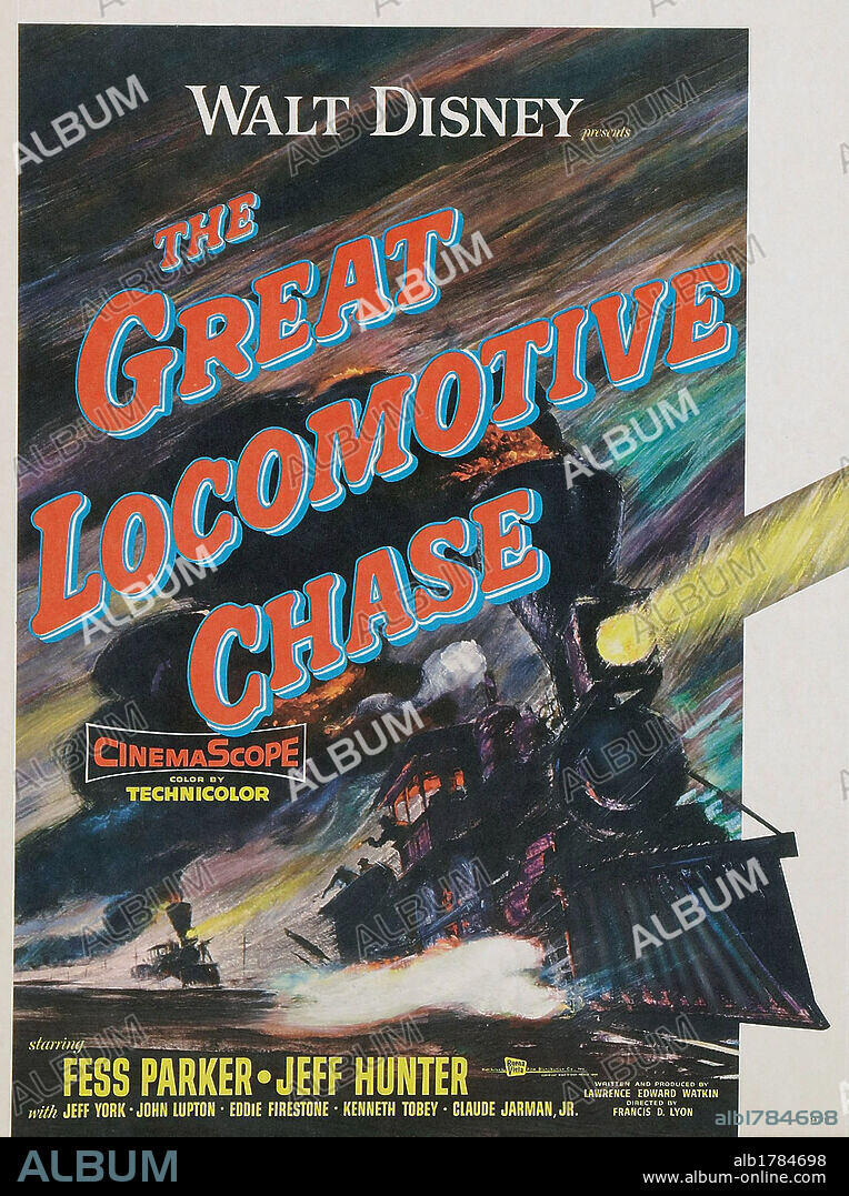 Plakat zu THE GREAT LOCOMOTIVE CHASE, 1956, unter der Regie von FRANCIS D. LYON. Copyright WALT DISNEY PRODUCTIONS.