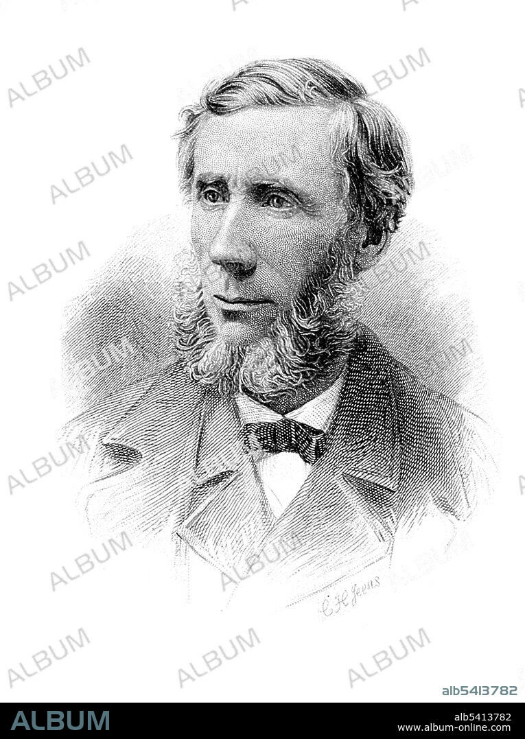 John Tyndall (August 2, 1820 - December 4, 1893) was an Irish physicist and medical educator. Beginning in the late 1850s, Tyndall studied the action of radiant energy on the constituents of air. He was the first to correctly measure the relative infrared absorptive powers of the gases nitrogen, oxygen, water vapor, carbon dioxide, ozone and methane. He explained the heat in the Earth's atmosphere in terms of the capacities of the various gases in the air to absorb radiant heat. A very sensitive way to detect particulates is to bathe the air with intense light. The scattering of light by particulate impurities in air and other gases, and in liquids, is known today as the Tyndall Effect or Tyndall Scattering. He published seventeen books, which brought state-of-the-art 19th century experimental physics to a wider audience. Besides being a scientist, Tyndall was a science teacher and evangelist for the cause of science. From 1853-87 he was professor of physics at the Royal Institution of Great Britain in London. In his later years Tyndall often took chloral hydrate to treat his insomnia. In 1893 he died from an accidental overdose of this drug. He was 73 years old. Stipple engraving by Charles Henry Jeens, 1874.