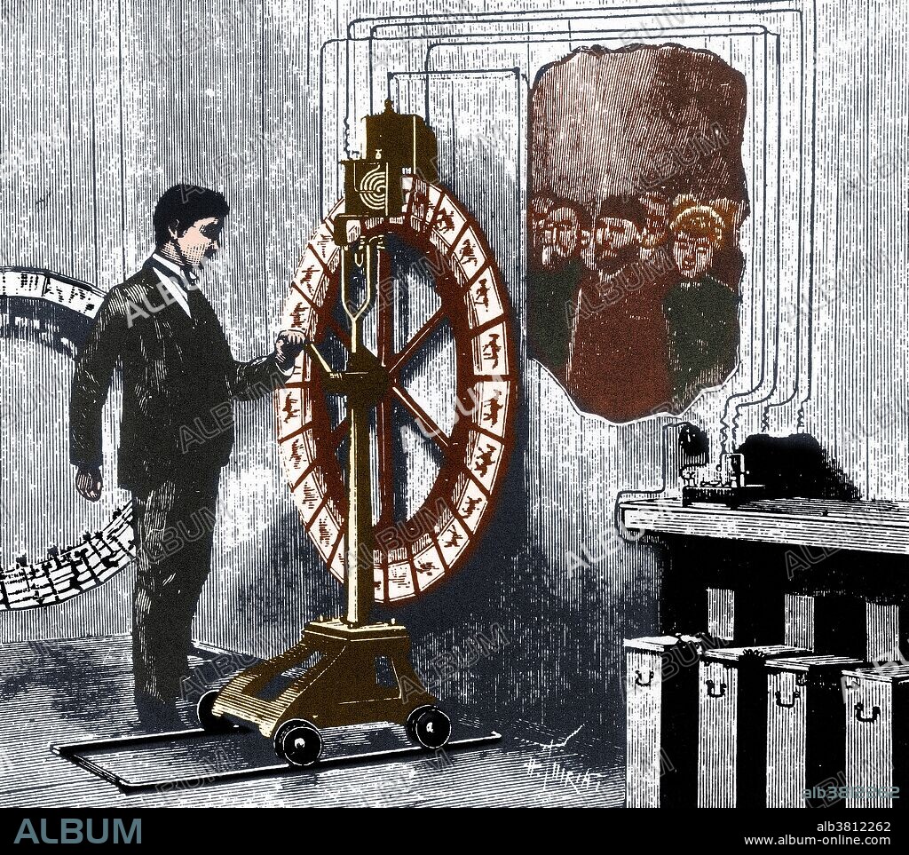 Ottomar Anschutz (May 16, 1846 - May 30, 1907) was a German inventor, photographer, and chronophotographer. He invented 1/1000 of a second shutter, and the electrotachyscope in 1887. The electrotachyscope was a disk of 24 glass diapositives, manually powered, and illuminated by a sparking spiral Geissler tube, used by a single viewer, or projected to a small group. It gave the illusion of motion with transparent serial photographs, chronophotographs, arranged on a spinning wheel of fortune, and is considered significant as a technological development in the history of cinema. It was first publicly demonstrated at the Chicago World's Fair of 1893. His 1884 albumen photography of storks inspired aviation pioneer Otto Lilienthal's experimental gliders in the late 1880s. He died in 1907 at the age of 61. Illustration is taken from the journal Scientific American, dated November 16, 1889.