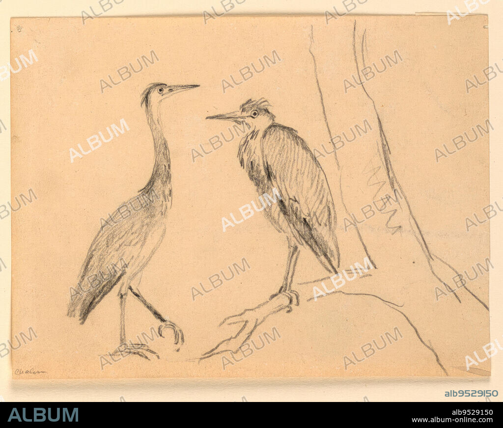 HENRY BERNARD CHALON. One is shown at left, in profile turned toward right and walking. The other stands upon a branch of a tree. Black crayon on paper. Date: 1820-1849.