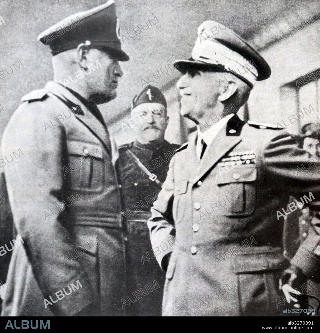 Photograph of Victor Emmanuel III of Italy (1869-1947) King of Italy, with Benito Mussolini (1883-1945) an Italian politician, dictator, and journalist. Dated 20th Century.