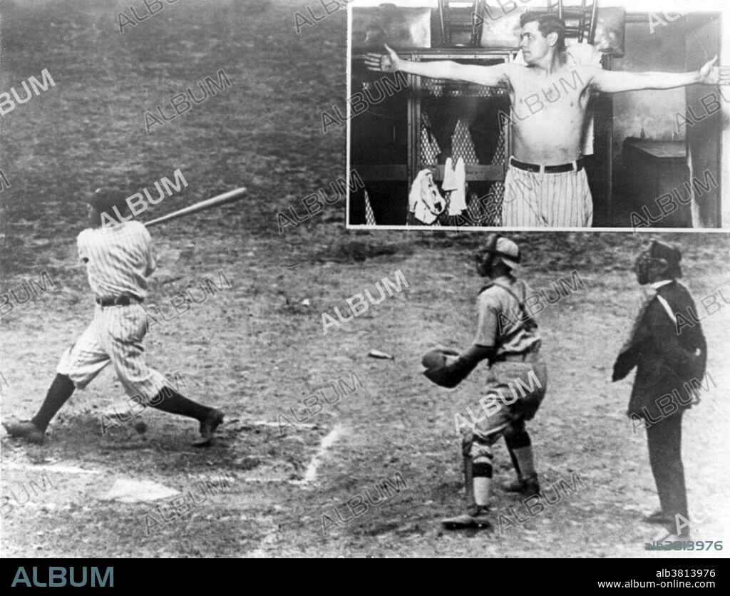 Entitled: "Babe hangs up new world's record. Ruth is seen making a new record with his third home run in one day in the recent double header between the Yanks and Senators." George Herman "Babe" Ruth, Jr. (February 6, 1895 - August 16, 1948) was an American baseball player who spent 22 seasons in Major League Baseball (MLB) playing for three teams (1914-1935). He originally entered the major leagues with the Boston Red Sox as a starting pitcher, but after he was sold to the New York Yankees in 1919, he converted to a full-time right fielder. He subsequently became one of the league's most prolific hitters and with his home run hitting prowess, he helped the Yankees win seven pennants and four World Series titles. Ruth retired in 1935 after a short stint with the Boston Braves, and the following year, he became one of the first five players to be elected into the National Baseball Hall of Fame. He is regarded as one of the greatest sports heroes in American culture. He died on August 16, 1948, of cancer at age 53. Photographed by Underwood & Underwood, 1920.