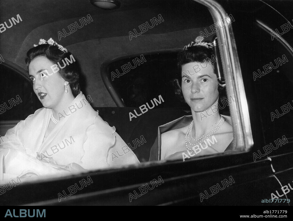 Maria Cristina of Savoy Aosta in a car. Princess Maria Cristina of Savoy Aosta arriving in a car at the court of King Baudouin of Belgium. Brussels, 9th April 1958.