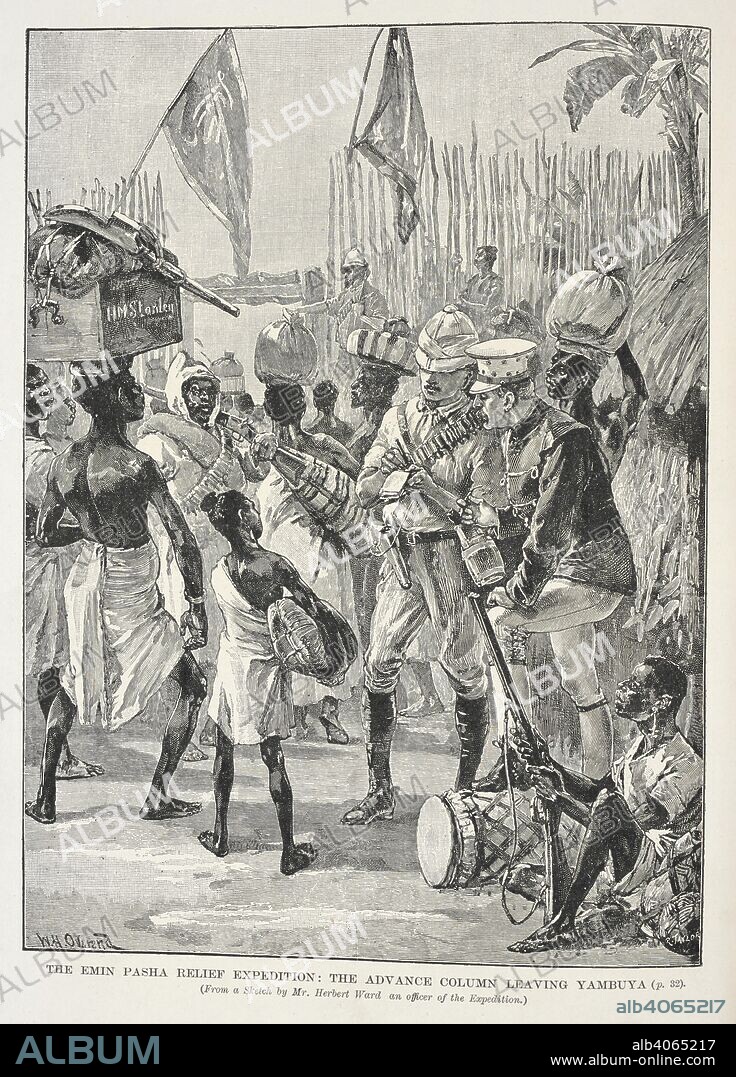 ROBERT BROWN and HERBERT WARD. The Emin Pasha relief expedition: The advance column leaving Yambuya. . The Story of Africa and its Explorers. London, 1896-98. Source: 10094.f.3 vol.III frontispiece.