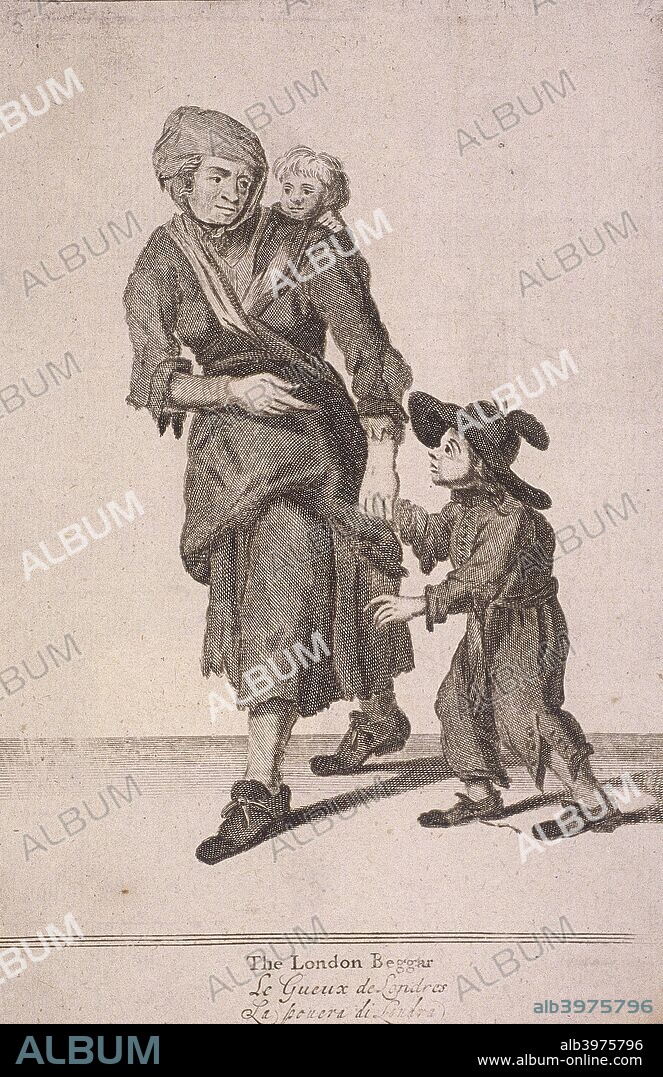 'The London Beggar'. A woman and two children who are beggars. The woman leads one of the children, who is looking up at her beseechingly, by the hand. She carries the other, smaller child on her back. All three are dressed in old, ragged clothes, and the older child wears a large hat. From Cries of London, (c1688?).