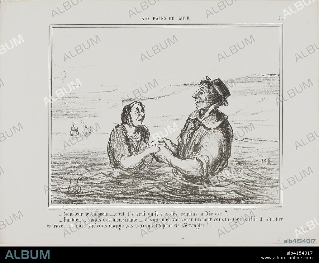 HONORé-VICTORIN DAUMIER. "- Mr.Lifeguard.... is it true there are sharks at Dieppe? - Of course... but it is pretty simple... as soon as you see one coming to eat you, all you have to do is lay down sideways. He won't eat you for fear of choking to death," plate 1 from Aus Bains De Mer. Honoré Victorin Daumier; French, 1808-1879. Date: 1858. Dimensions: 199 × 256 mm (image); 273 × 360 mm (sheet). Lithograph in black on white wove paper. Origin: France.