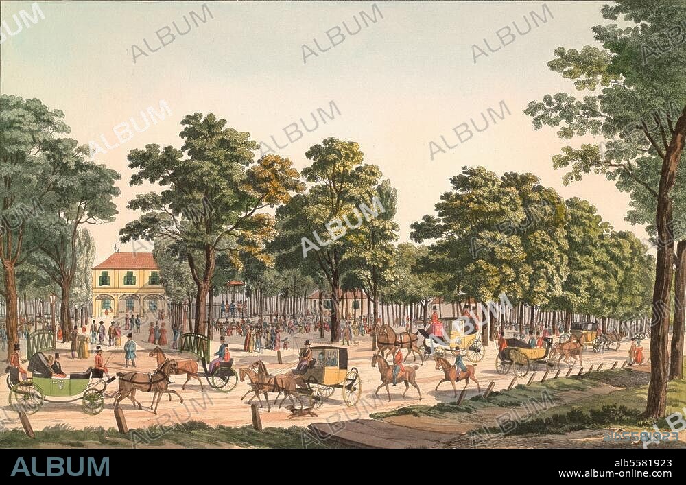 ANONYMOUS. Vienna, Prater. "View of the Great Avenue in the Prater near the Coffee House". Etching, coloured, c. 1820.