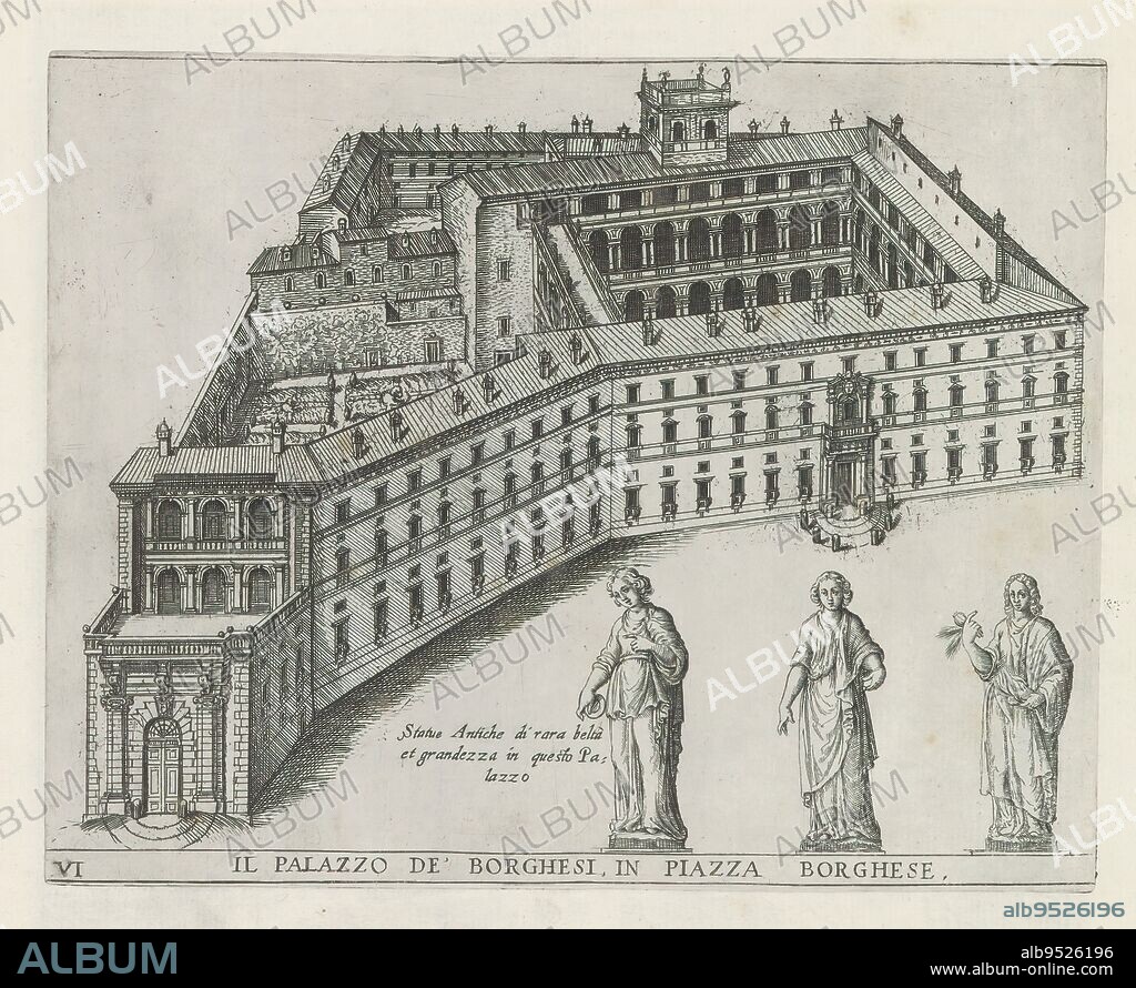 Palazzo Borghese at Rome, Il Palazzo de' Borghesi, in Piazza Borghese (title on object), Monuments and buildings erected during the pontificates of Popes Paul V and Sixtus V (series title), View of Palazzo Borghese at Rome. Bottom right three statues of female figures. Title in Italian in lower margin. Print is part of an album., print maker: Matthäus Greuter, publisher: Matthäus Greuter, Paulus V, print maker: Rome, publisher: Rome, Vaticaanstad, 1618, paper, engraving, height 178 mm × width 225 mm.