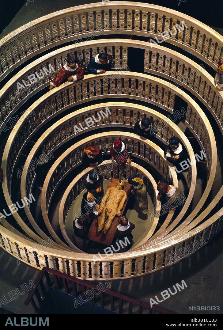 Scale model of anatomy theatre built at Padua in 1594, showing dissection taking place.