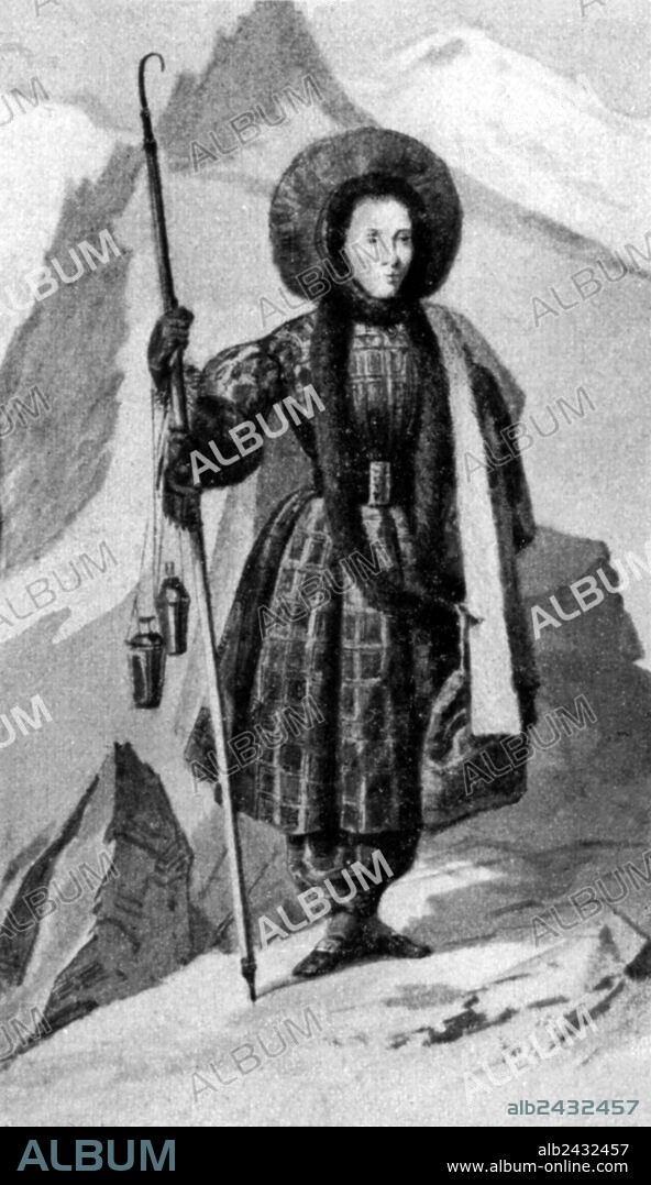 Henriette d'Angeville (1794-1871) aka the fiancee of Mont Blanc (Alps), 1st woman to go on the Mont Blanc in 1838, engraving.
