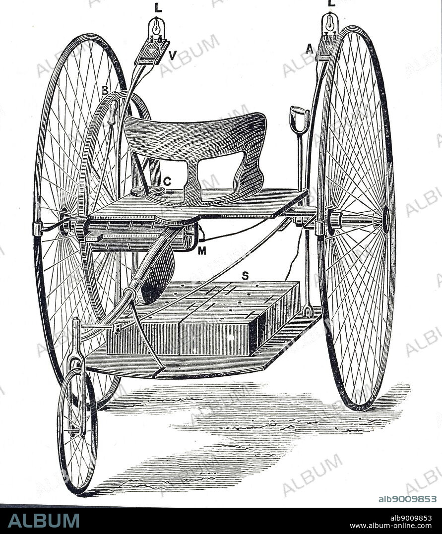 Engraving depicting William Edward Ayrton's electric tricycle ...