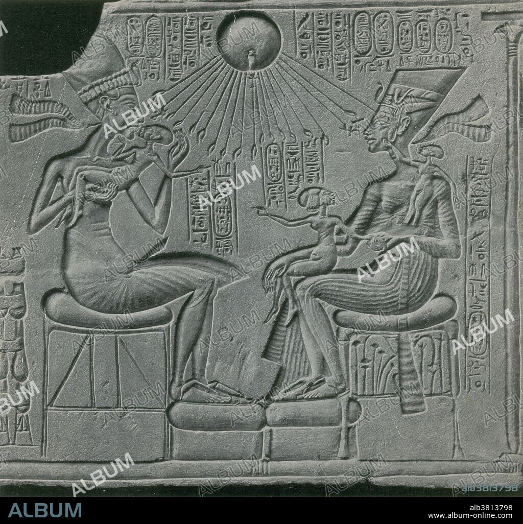 Caption: "Sunk-relief depicting Egyptian pharaoh Akhenaton, his wife Nefertiti, and three of their daughters, with the sun god Aten or Aton." Akhenaten, known before the fifth year of his reign as Amenhotep IV, was a pharaoh of the Eighteenth dynasty of Egypt who ruled for 17 years and died in 1336 BC or 1334 BC Neferneferuaten Nefertiti (1370 BC - 1330 BC) was the Great Royal Wife (chief consort) of the Egyptian Pharaoh Akhenaten. Nefertiti and her husband were known for a religious revolution, in which they worshiped one god only, Aten, or the sun disc. With her husband, they reigned at what was arguably the wealthiest period of Ancient Egyptian history. Sunk relief was mainly restricted to Ancient Egypt.