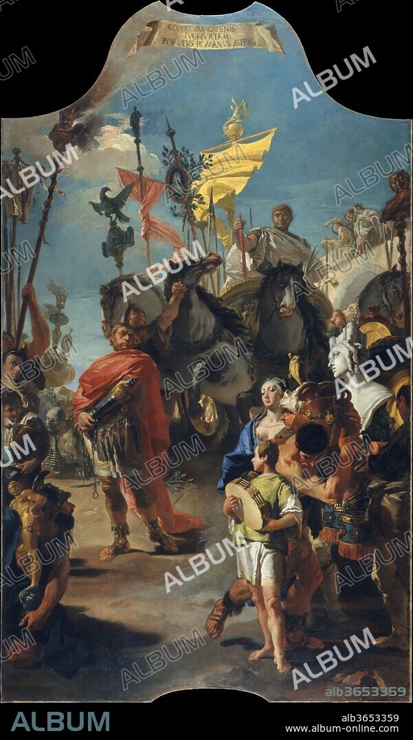 The Triumph of Marius. Artist: Giovanni Battista Tiepolo (Italian, Venice 1696-1770 Madrid). Dimensions: Irregular painted surface, 220 x 128 5/8 in. (558.8 x 326.7 cm). Date: 1729.
This painting is from a series of ten magnificent canvases painted to decorate the main room of Ca' Dolfin, Venice. The subject of this triumphal procession is identified by the Latin inscription at the top of the painting, from the Roman historian Lucius Anneus Florus: "The people of Rome behold Jugurtha laden with chains". The African king Jugurtha is shown before his captor, the Roman general Gaius Marius. The procession was held on January 1, 104 B.C. The crowds carry booty, including a bust of the mother goddess Cybele. The thirty-year-old Tiepolo included his self-portrait among the figures on the left.