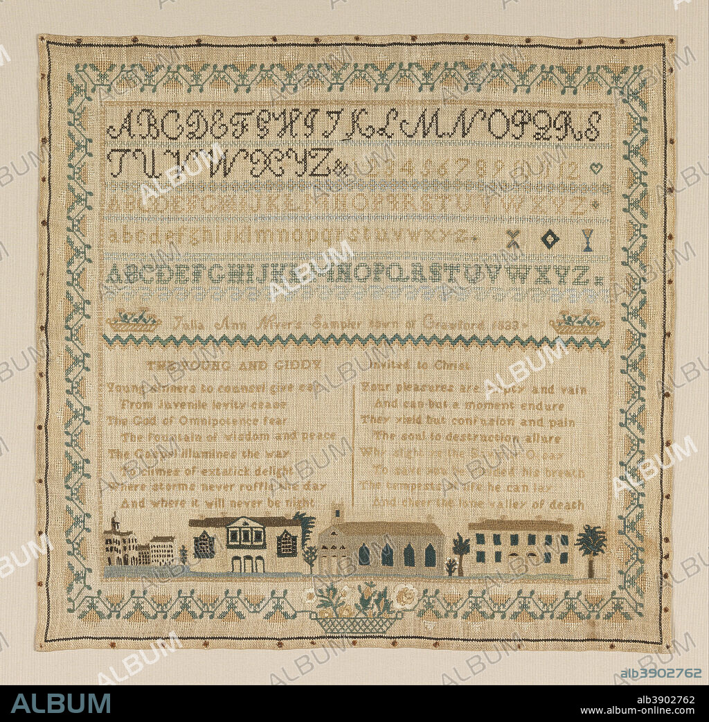 JULIA ANN NIVERS. Sampler. Date/Period: 1833. Sampler. Medium: silk  embroidery on linen foundation. . Technique: embroidered in cross, satin,  and eyelet stitches on plain - Album alb3902762