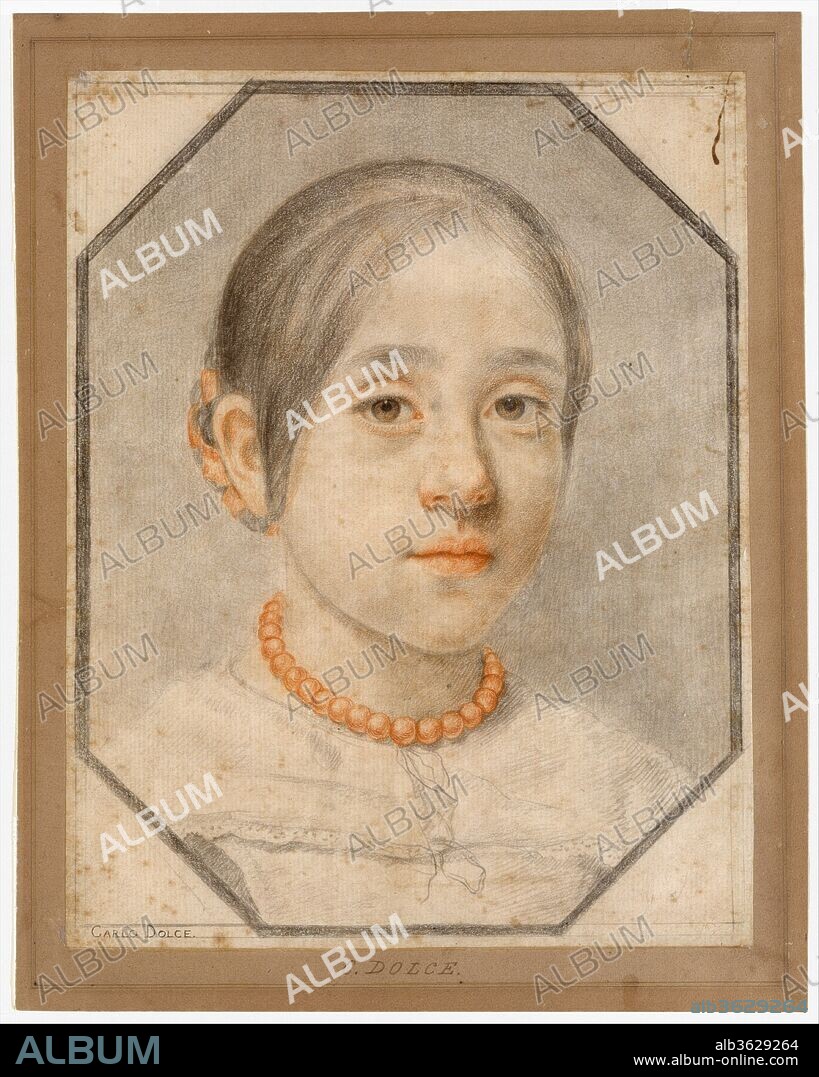 Portrait of the Artist's Daughter Agata Dolci. Artist: Carlo Dolci (Italian, Florence 1616-1687 Florence). Dimensions: 10 3/16 x 7 15/16in. (25.8 x 20.2cm). Date: 1576-80.
Early Baroque draftsmen refined red-and-black chalk drawing to achieve exquisite, naturalistic, and chromatic effects in portraits and figure studies: the Florentine painter and draftsman Carlo Dolci was an extraordinary practitioner of this technique. The combined use of red and black chalk was perfected by Florentine seventeenth-century artists and frequently employed in Italy and France in the next century by artists such as François Boucher (1703-1770), who may well have owned this drawing. Dolci described an octagon around the portrait, suggesting that the drawing may have been preparatory for a painting in that shape.The drawing in the Metropolitan Museum of Art appears to date from the last years of the artist's life, when he was housebound and barely painting after repeated bouts of melancholia. Agata was the youngest of Dolci's seven daughters, and may have been an artist like her better-known elder sister, Agnese Dolci (d. in 1689).
The date of this exquisite portrait can be established by several clues. Agata was still recorded as a young girl ("fanciulla piccola") in her father's will of May 23, 1685 (Archivio di Stato, Florence, Notarile, no. 20596, fol. 3302/37), and she was previously portrayed by Dolci at the age of four on a drawing now in Cambridge datable between 1667-70 (Fitzwilliam Museum inv. 904*3, fol. 4r, inscribed "Agata di Anni 4"). On the Metropolitan Museum drawing the girl appears to be older, approximately ten years old, thus suggesting a date of execution around 1676-80. Agata is here formally dressed, and wears a coral necklace, an apotropaic symbol. According to David Scrase (Italian Drawings at the Fitzwilliam Museum, Cambridge 2011, p. 222) a further portrait of Agata can be recognized in the young girl drawn by Dolci on the sheet now in Los Angeles (The J. Paul Getty Museum, inv. 83.GB.374). 
(Furio Rinaldi, 2014).