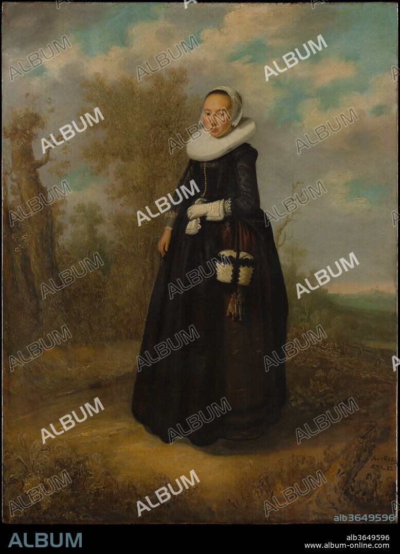 A Young Woman in a Landscape. Artist: Dutch Painter (dated 1636). Dimensions: 26 x 19 7/8 in. (66 x 50.5 cm).
Full-length portraits of less than royal sitters were exceptional in the Netherlands until Rubens and Van Dyck, and in Amsterdam Thomas de Keyser and Rembrandt, made them fashionable. This unassuming portrait of a woman in a quaintly underscaled landscape achieves a distinctive charm and intimacy.