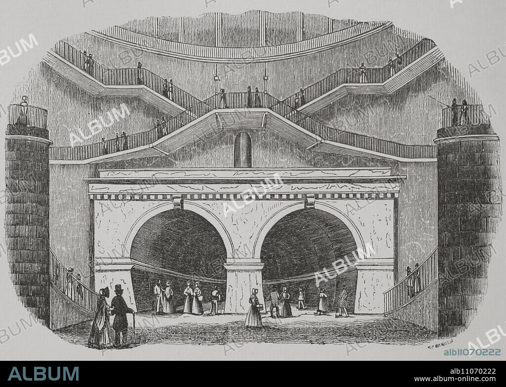 CABANACH. 19TH CENTURY ENGRAVER.. Inglaterra. Londres. Túnel del Támesis. Galería que cruza por debajo del río Támesis, conectando los barrios de Rotherhithe y Wapping. Fue construido entre 1825 y 1843 por Marc Brunel (1769-1849) y su hijo Isambard Kingdom Brunel (1806-1859). Inaugurado el 25 de marzo de 1843. Entrada por Wapping. Grabado por Cabanach. "Los Héroes y las Grandezas de la Tierra". Tomo VIII. 1856.