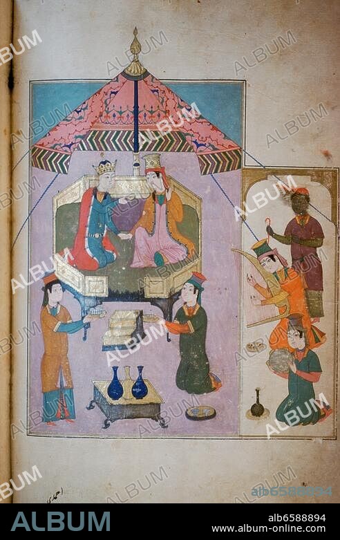 Miniature, Turkish. Iskandar (Alexander the Great), and Queen Nushaba (or Kaidafa/quaydafa) of Barda. Illustration from Iskander Name (Book of Alexander), Turkish edition of the Ottoman poet Ahmadi. Illustration from: Iskandar-Namêh (Book of Alexander), Turkish version of the Ottoman poet Ahmadi after the Iskandar-Namêh of the Persian poet Nisami. Gouache on paper. Ms T. 6044. University Library, Istanbul, Turkey.