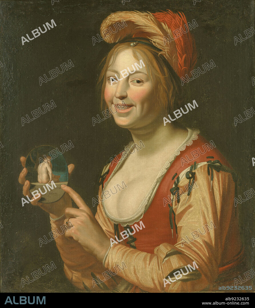 JAN VAN BIJLERT. Laughing Girl Showing a Small Picture of a Nude Woman Seen  from Behind, 1618-1671. Creators: Gerrit van Honthorst, Jan van Bijlert. -  Album alb9232635