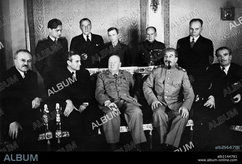 3rd moscow conference, seated, left to right: v, m, molotov, w, harriman, winston churchill, j, v, stalin, anthony eden, standing: v, m, berezhkov, sir archibald kerr, v, n, pavlov, a, birse, f, gusev, october 18, 1943.