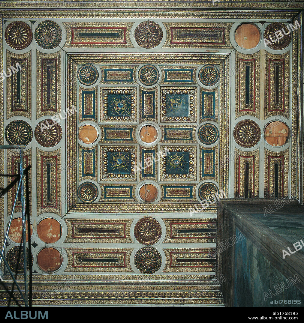 Chapel of the Magi, by Florentine work, 1449 about, 15th Century, marquetry,. Italy, Tuscany, Florence, Palazzo Medici-Riccardi. Chapel of the Magi. Ceiling of the hall of the chapel during restoration. General view.