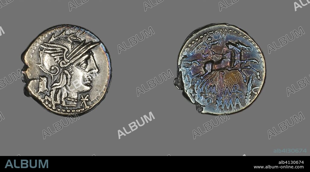 ANCIENT ROMAN. Denarius (Coin) Depicting the Goddess Roma. Roman. Date: 134 BC. Dimensions: Diam. 1.9 cm; 3.87 g. Silver. Origin: Roman Empire.