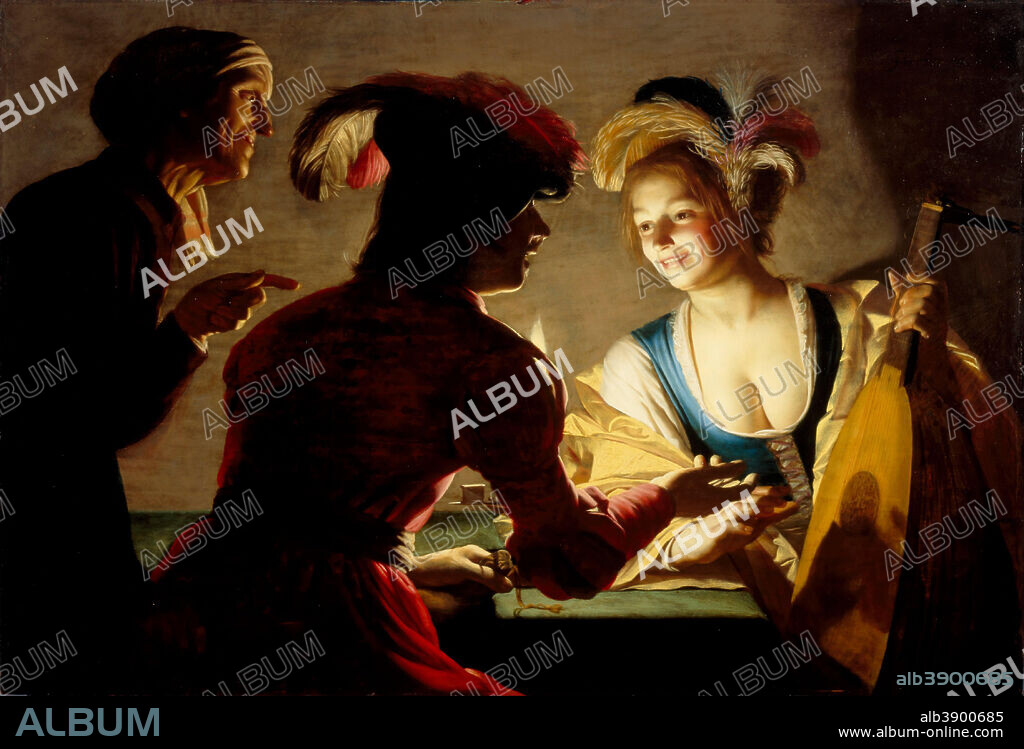 GERARD VAN HONTHORST. The Procuress. Date/Period: 1625. Painting. Oil on canvas. Height: 71 mm (2.79 in); Width: 104 mm (4.09 in).