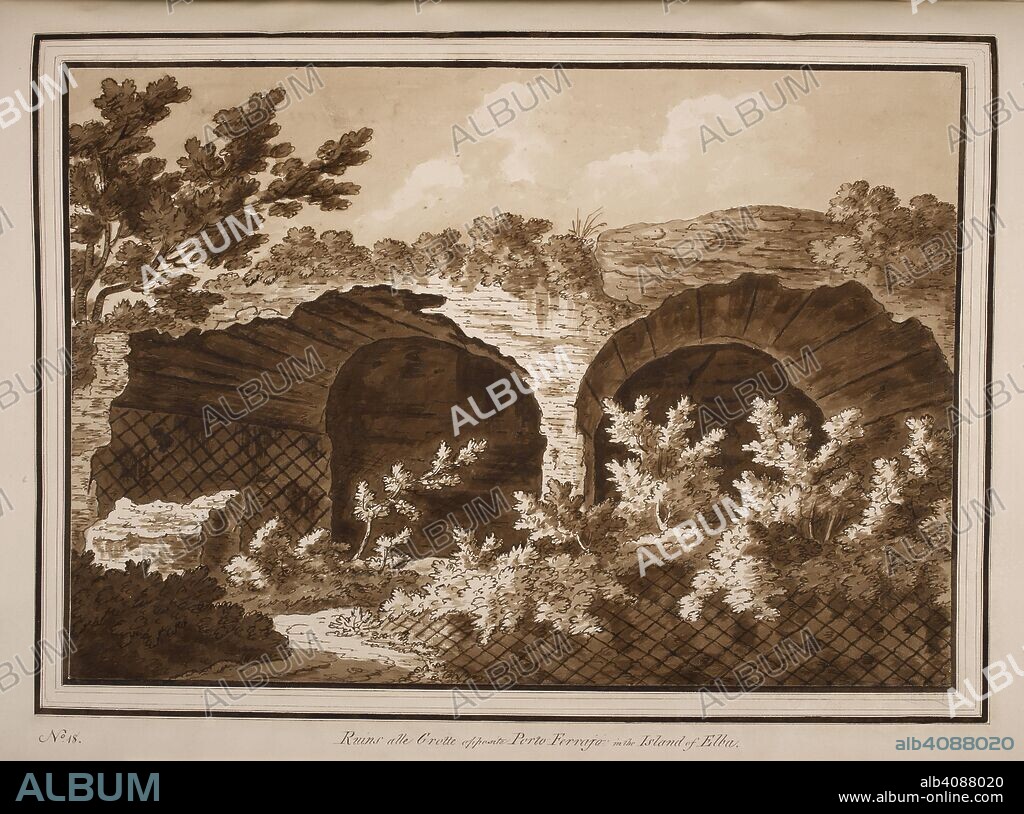 Ruins alle Grotte opposite Porto Ferrajo in the island of Elba'. JOURNAL of a Tour through the Island of Elba, 26 Apr.-5 May 1789, by Sir Richard Colt Hoare, 2nd Bart., of Stourhead, the Wiltshire antiquary and archaeologist, preceded by a map of the island and followed by thirty-two sepia wash sketches, the latter (except nos. 1, 14) being described and signed by Hoare on the back. The volume was written in 1793 and was published in 1814. Source: Add. 41761 f.46 no.18.