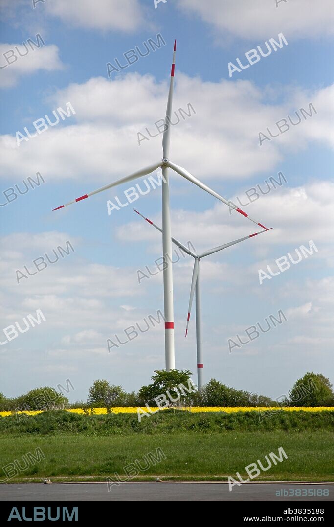 Wind turbines generating electricity on a wind farm near Stassfurt, Germany, which produces by far the largest amount of renewable energy in Europe.