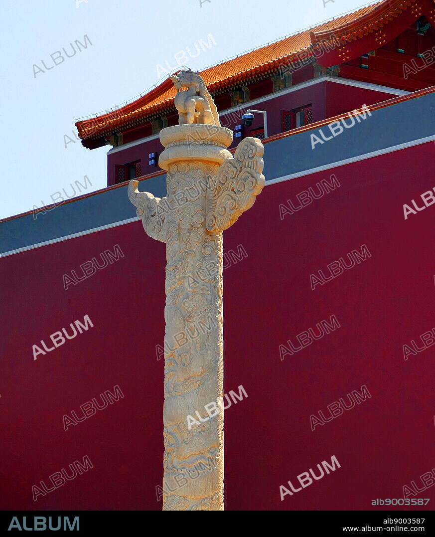 Huabiao (Dragon Pillar), Beijing, China. Ceremonial column used in traditional Chinese architecture. Huabiao are traditionally erected in front of palaces and tombs. The prominence of their placement have made them one of the emblems of traditional Chinese culture.